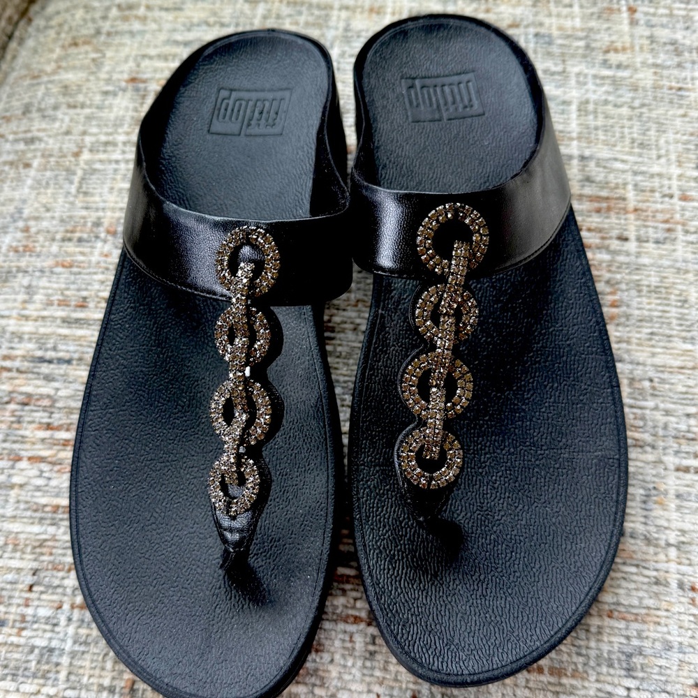 FitFlop Shoes Womens Size 9 Black / Silver Glam Thong Sandals Rhinestone Comfort